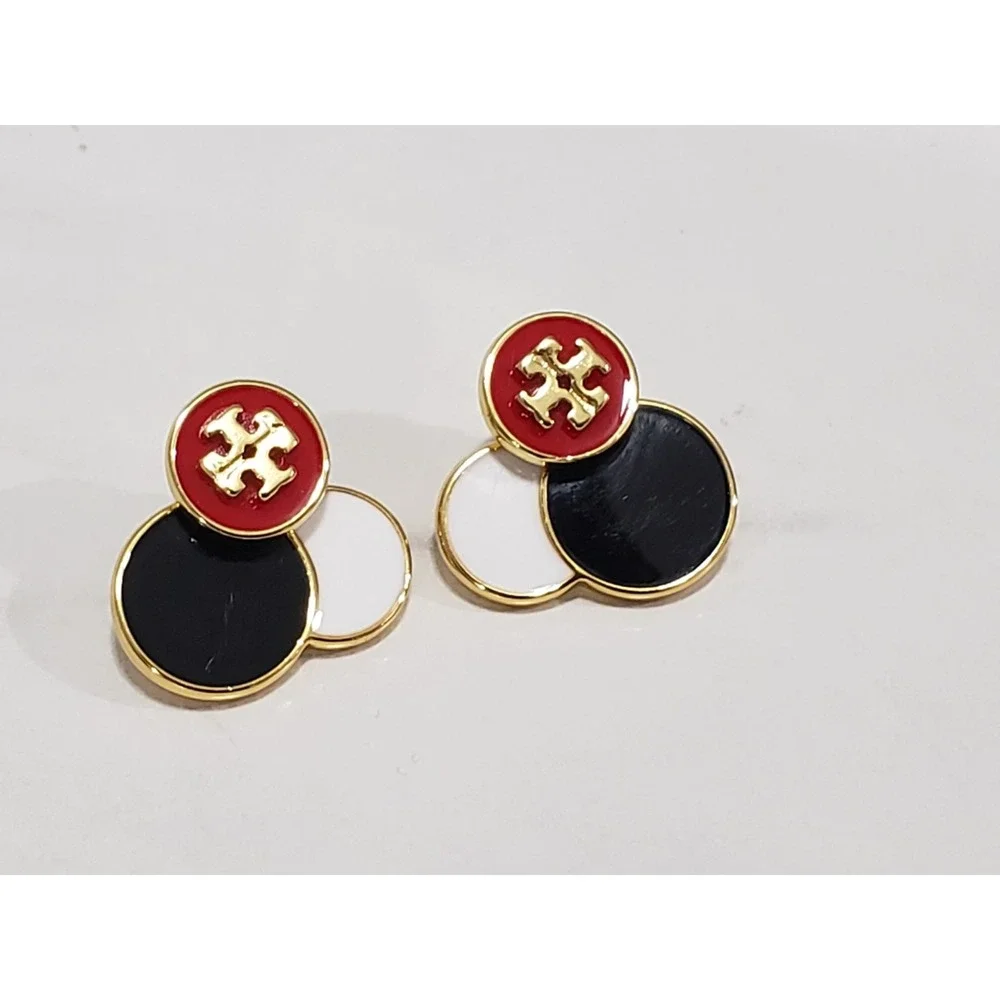 Tory Burch Gold Plated BLACK WHITE RED Enamel CLUSTER EARRINGS STUDS